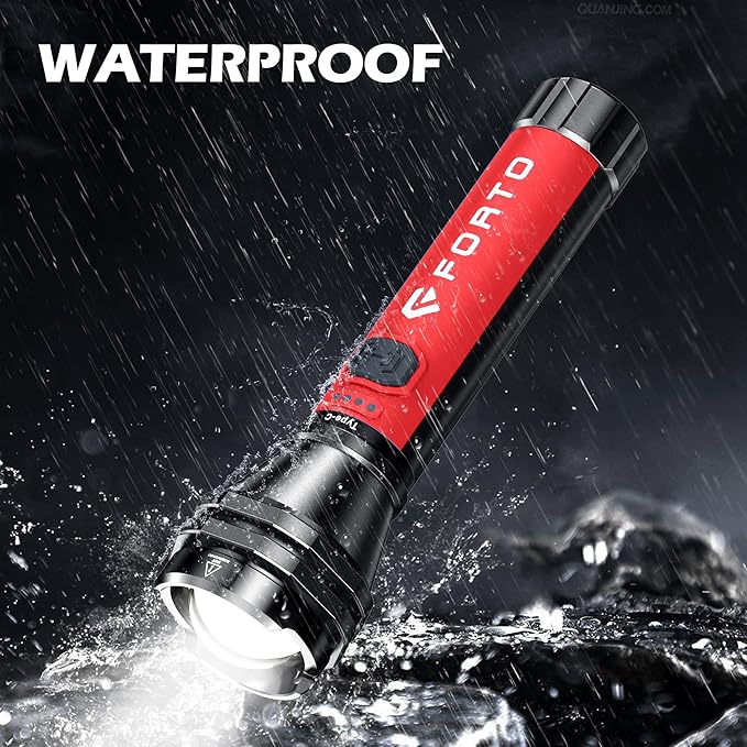 FORTO Flashlight 100000 High Lumens,Super Bright LED Rechargeable Flashlight,Zoomable,Waterproof,4 Modes Flash Light with Side Lights,Handheld Flashlights for Camping,Hiking,Emergency,Home,Red