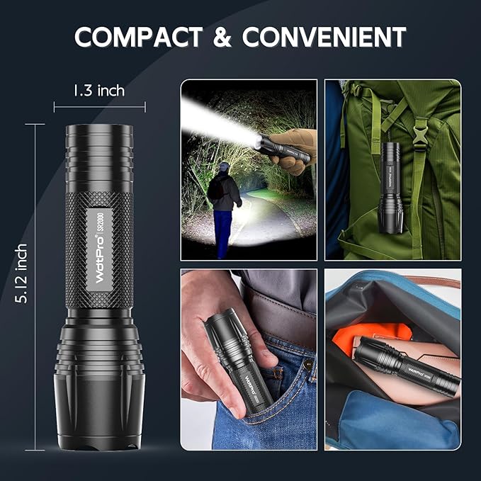 WdtPro LED Flashlight High Lumens SR2000 Pro - 2 Pack Brighter Tactical Flashlights with 5 Modes & Zoomable - Powerful Mini Flash Light for Emergency, Camping, Hiking