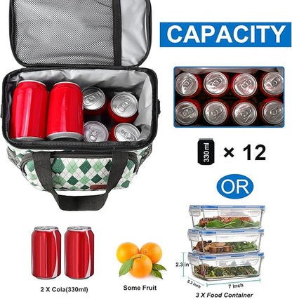 Femuar Lunch Bags for Women/Men, Insulated Lunch Bag for Work Office - Lunch Cooler Bag Leakproof Lunch Box with Adjustable Shoulder Strap - Green plaid