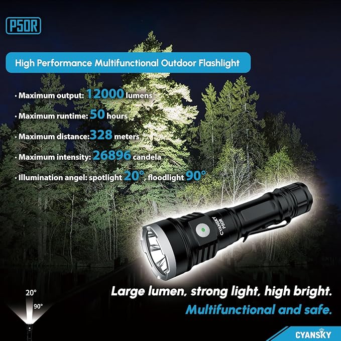 CYASNKY P50R Rechargeable Flashlights,12000 Lumens,Flashlights High Lumens for Outdoor,Super Bright Flashlight,EDC IP68 Waterproof Flash Light for Hunting,Searching,Rescue,Camping and Emergency