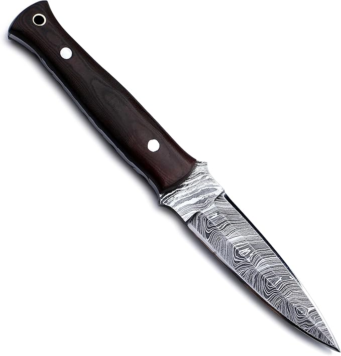 Handmade Damascus Steel Knife for Hunting,Survival,Camping,Bushing and Fishing, Fixed Blade Spear point Full Tang Micarta Handle with Cowhide-Leather Sheath -WKD-800