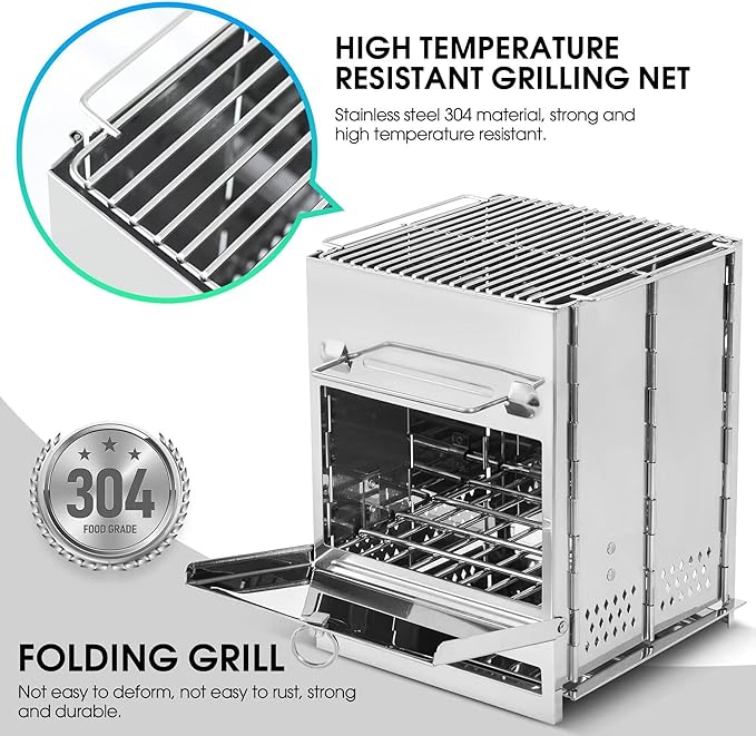 Portable Camping Stove Mini Wood Burning Stove Rocket Stove Folding Stainless Steel Camp Stove Compact Lightweight Backpacking Stove for Tent Outdoor Hiking Cooking BBQ