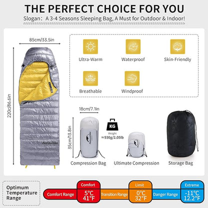 Naturehike Ultralight Down Sleeping Bag, 650FP, 3-4 Season, Adults, 32-42, Waterproof, Compact, Camping, Hiking