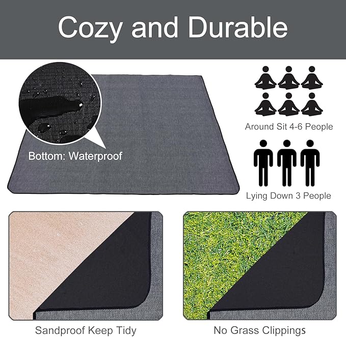Large Outdoor Blanket, 80'' x 80'' Waterproof Soft Picnic Blanket for Park, Foldable Beach Blanket with Carry Strap, Portable Picnic Mat for Family, Friends Outdoor Together (Grey)