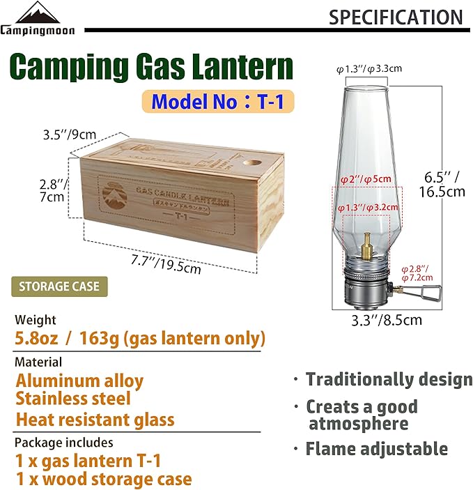 CAMPINGMOON Camping Gas Lantern with Aluminum Frame, Adjustable Light, Silver, Includes Wooden Case