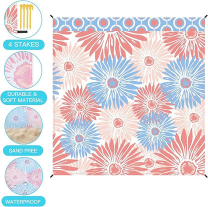 Airensky Beach Blanket, Sandproof Beach Mat 79" X 82" for 4-7 Adults, Large Waterproof Beach Blanket Lightweight Outdoor Blanket with 4 Stakes Beach Essential for Camping Travel Vacation(Pink Flowers)