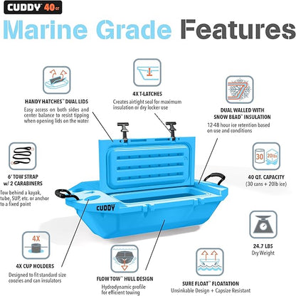 CUDDY Floating Cooler and Dry Storage Vessel for Land & Water – 40QT– Great for River, Beach, Kayak, Pool, & Lake - Multiple Color Options