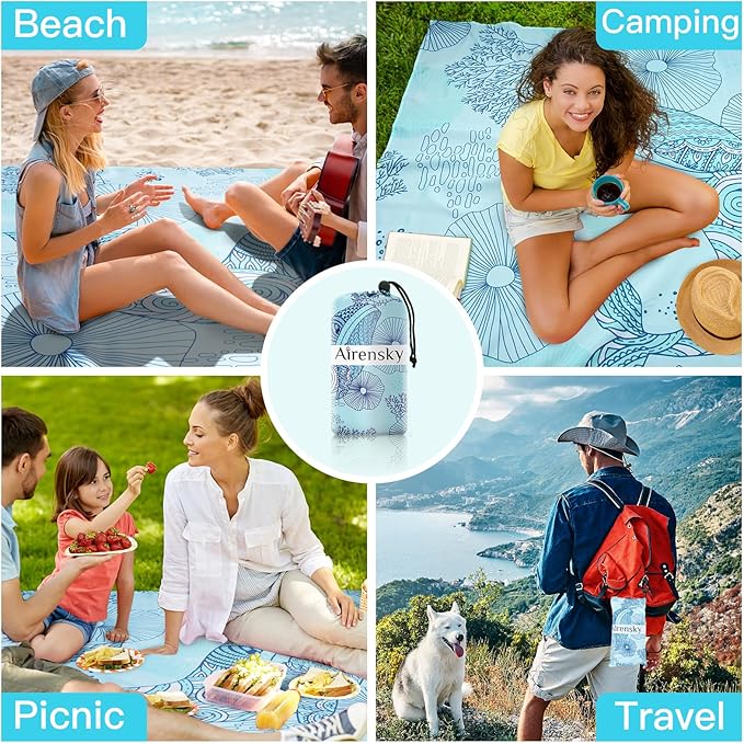Airensky Beach Blanket, Sandproof Beach Mat 79" X 82" for 4-7 Adults, Large Waterproof Beach Blanket Quick Drying Lightweight Beach Blanket with 4 Stakes for Travel Camping Hiking(Blue Whale)