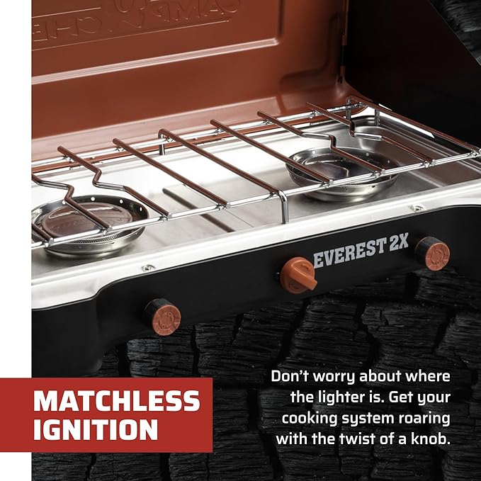 Camp Chef Mountain Series Everest 2X - High Output Two-Burner Camp Stove - Lid Doubles as Windscreen - Portable Cooking Stove - For Outdoor Cooking - 20,000 BTU Burners - 215 Sq In Cooking Area