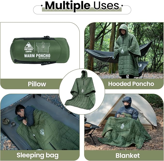 OneTigris Camping Blanket Honcho Poncho with 3M Thinsulate Insulation,Wearable Sleeping Bag Poncho for Camping Large Ultralight Water-Resisitant Warm Wearable Blanket for Outdoor Camping,Hiking