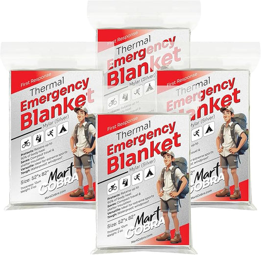 Mart Cobra Emergency Blanket 4-Pack Emergency Survival Blanket Survival Gear & Camping Supplies Thermal Blankets Reusable Mylar Blanket Space Blankets Emergency Supplies Car Emergency Bug Out Bag Foil