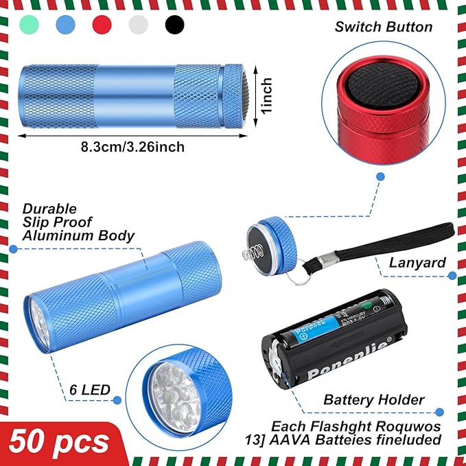VIHOSE 100 Pcs Christmas Stocking Stuff Gift Mini Flashlight Set Bulk LED Handheld Torches with Lanyard 300 Pcs No. 7 Batteries Box Aluminum Small Flashlights for Party Night Power Outage Emergency