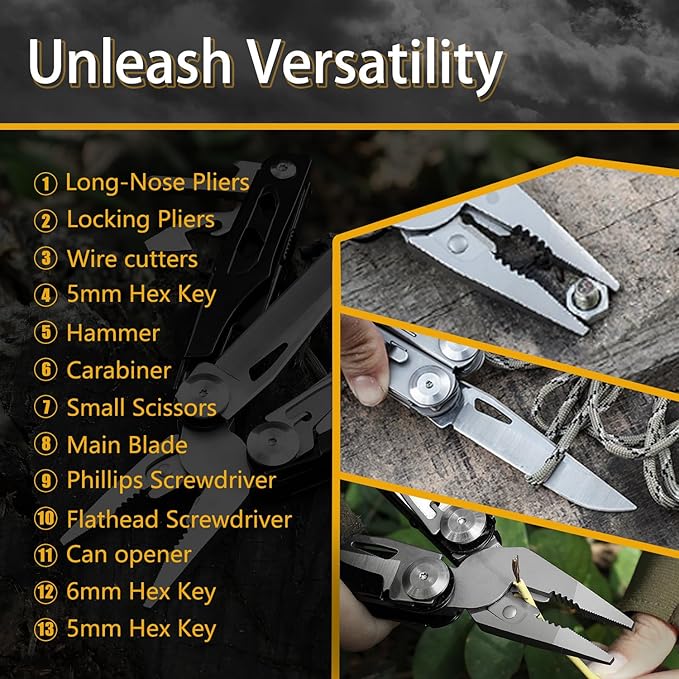ARES Series 12-P Pocket Size Multitool with Premium Stainless Steel Pliers, Short Dagger，Black Luxury Gift Box