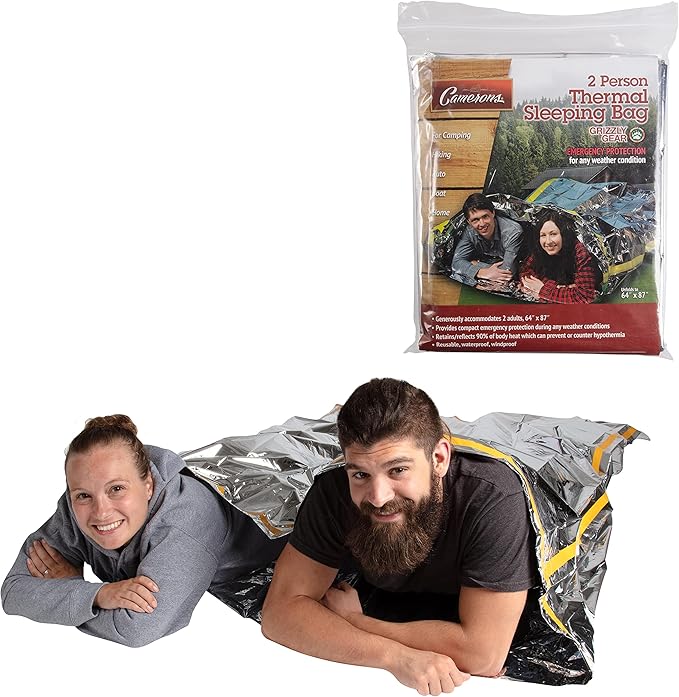 Emergency Survival Mylar Thermal 2 Person Sleeping Bag - Accommodates 2 Adults - 64" X 87"- by Grizzly Gear