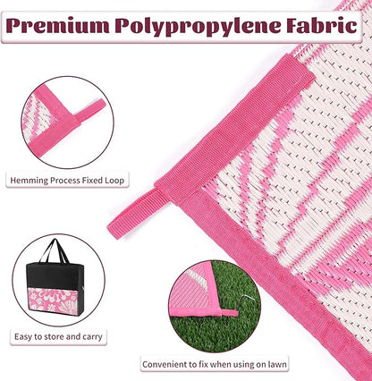 Ileading Outdoor Plastic Straw Rug 8x10ft Funny Floral Style Reversible Patio Area Rugs Waterproof Non Shedding Portable Carpets for Rv Outside Deck Pool Beach Picnic Camping (Pink)