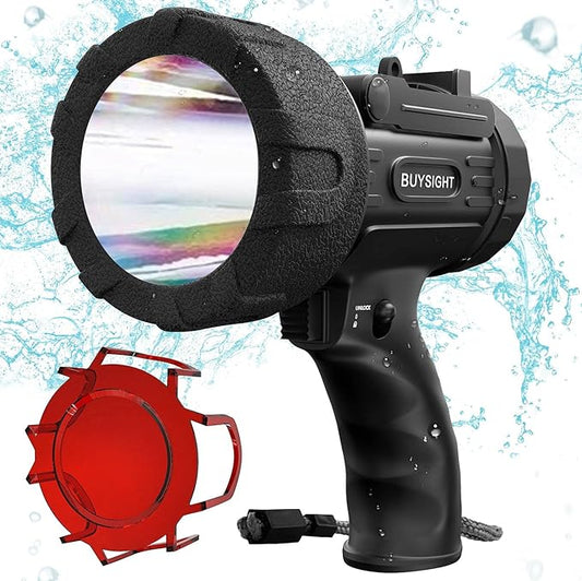 BUYSIGHT Rechargeable Spotlight Flashlight, Hand held Spotlight 120000 lumens Waterproof Flashlight Hunting Lamp with red Filter(IP67 Waterproof Black Mini)