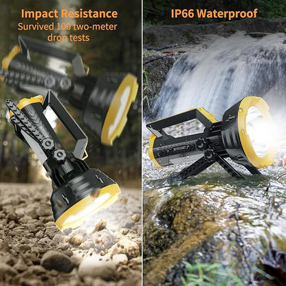 BUYSIGHT Rechargeable Spotlight Flashlight, 1000,000 lumens 600 Yards Range IP65 Waterproof Spot Lights Handheld Large searchlight with red Lens Side Flood Light Light USB C Recharge (Yellow Plus)