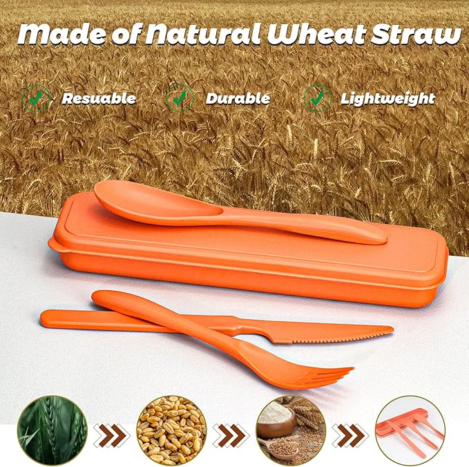 Reusable Travel Utensils Set with Case, 6 Sets Wheat Straw Portable Plastic Fork Spoons Knife Camping Cutlery, Eco-Friendly BPA Free Lunch Tableware Travel Picnic Utensils for Kids Adults Daily Use