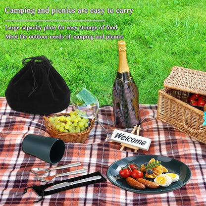 Camping Utensils Mess Kit, Including Camping Spoon, Fork, Knife, Plate and Cup Packed in a Portable Bag, Easy to Carry, Dishwasher Safe