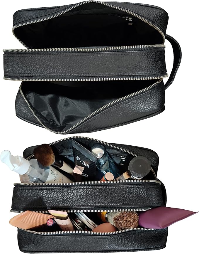 RUSTIC TOWN Full Grain Leather Travel Toiletry Bag - Dopp Kit Travel Organizer (Medium, Black)