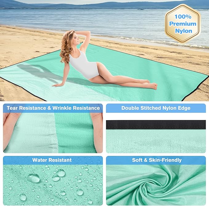 Beach Blanket Waterproof Sandproof Large Beach Mat 79" X 87", Quick Drying Durable Portable Lightweight Outdoor Nylon Picnic Blanket for Travel Camping Hiking, Green