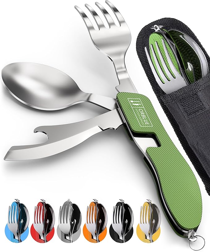 Orblue 4-in-1 Camping Utensils, 2-Pack - Portable Stainless Steel Spoon, Fork, Knife & Bottle Opener Combo Set - Travel, Backpacking Cutlery Multitool, Green