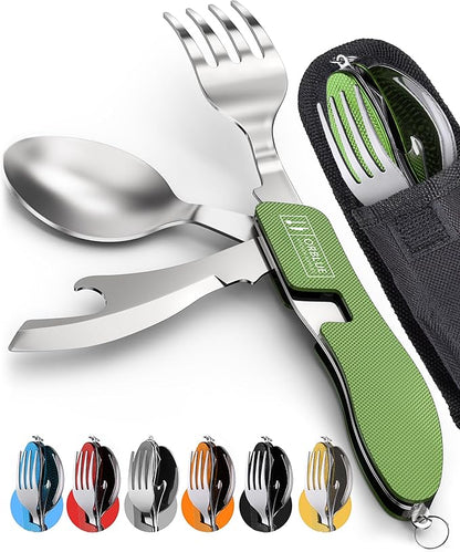 Orblue 4-in-1 Camping Utensils, 2-Pack - Portable Stainless Steel Spoon, Fork, Knife & Bottle Opener Combo Set - Travel, Backpacking Cutlery Multitool, Green