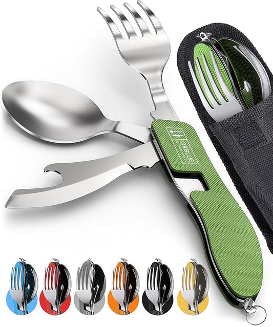 Orblue 4-in-1 Camping Utensils, 2-Pack - Portable Stainless Steel Spoon, Fork, Knife & Bottle Opener Combo Set - Travel, Backpacking Cutlery Multitool, Green