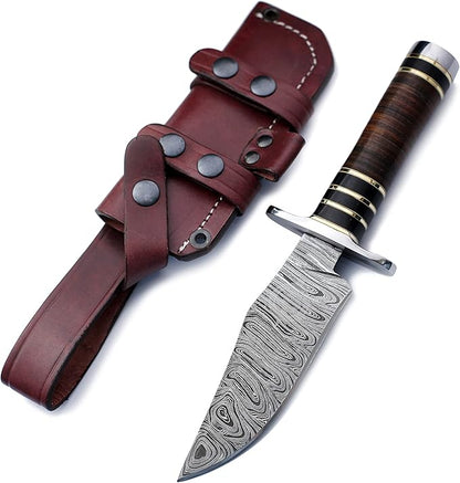 Handmade Damascus Steel Knife Bowie for Hunting,Survival,Camping,Bushcraft and Fishing Fixed Blade Dagger with Clip point Full Tang Micarta Handle, Leather Sheath - WKD-780