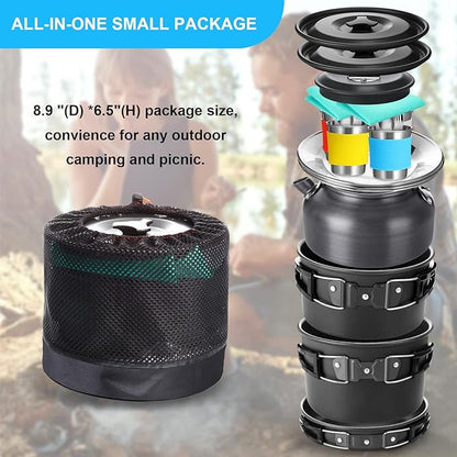 Gejoy 42 Pcs Camping Cookware Mess Kit, Non Stick Lightweight Pots Pan Kettle, Collapsible Water Container and Bucket, Stainless Steel Cups Plates Forks Knives Spoons for Outdoor Backpacking Picnic