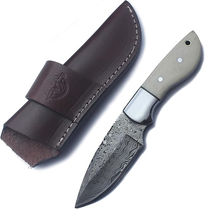 Handmade Damascus Steel Fixed Blade Bowie Knife Ideal for Edc,Fishing,Hunting,Camping,Bushcrafting Skinning and Survival with Full Tang Camel Bone Handle with Cowhide-Leather Sheath-DCX17-7