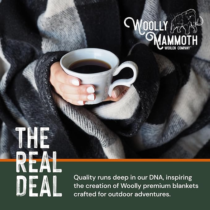 Woolly Mammoth Merino Wool Blanket- 66" x 90" 4 lbs Thick, Outdoor/Indoor Throw for Campfire, Picnic, Beach, Van Life, Home, Army- Farmhouse Collection Heavy Duty Insulating Sleep Plaid, Black/Cream