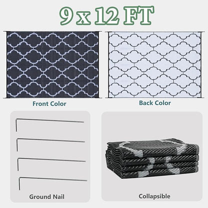 Ogrmar 9x12 FT Reversible Mats, Outdoor Rug for Patio Clearance, Waterproof Carpet, Plastic Straw Rug for Indoor Outdoor, Floor Mat&Rug for RV Porch Camping Backyard Deck Balcony Beach Trailer (Black)