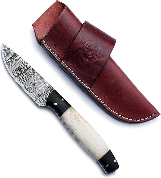 Handmade Damascus Steel Knife Bowie for Hunting,Survival,Camping,Bushcraft and Fishing Fixed Blade withDrop Point-Full Tang Bone Handle with Cowhide-Leather Sheath - WKD-775