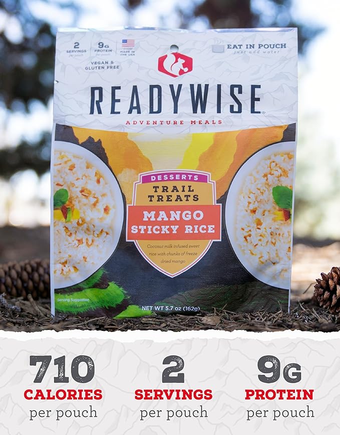 READYWISE - Outdoor Mango Sticky Rice, 12 Servings, Pack of 6, Emergency Preparedness, Freeze Dried Food, MRE, Snack Pack, Survival Food, Emergency Food for Backpacking, Camping, and Hiking