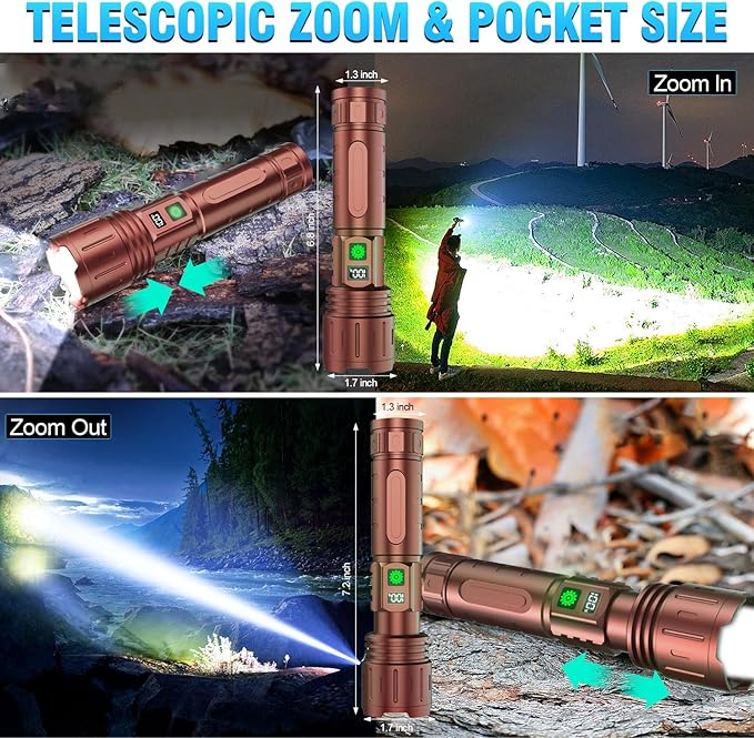 Flashlights 20000 High Lumens Rechargeable - 1500 Meters Long Beam Super Bright LED Flash Light with Power Display & IPX5 Waterproof for Camping, 20H Runtime,5 Modes,Zoomable Handheld Flashlight-Brown