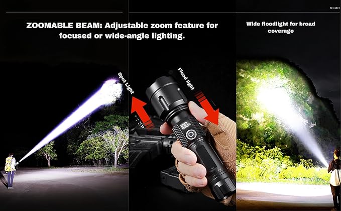 Super Bright LED Flashlight Handheld Tactical for Home Office car Camping Fishing Outdoor Emergency use, Water Resistance, zoomable 24 Hours Battery Life, Storage case 5 Mode. Power Display