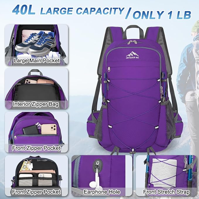 BKNOOU 40L Lightweight Hiking Backpack Packable Camping Backpack Waterproof Hiking Daypack Men Women Foldable Travel Daypack