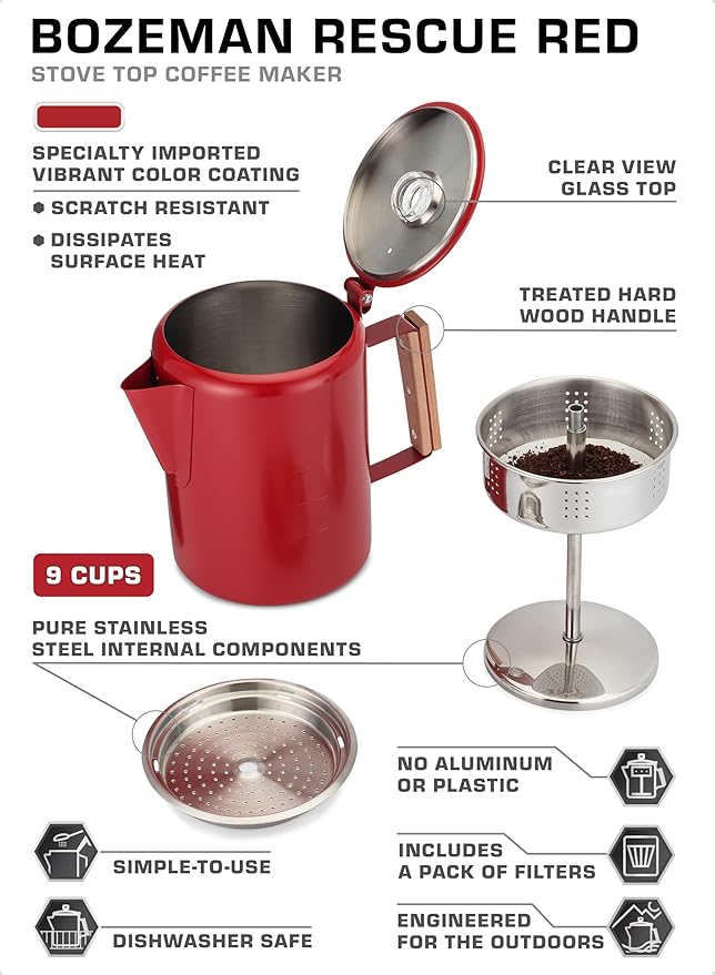COLETTI Bozeman Camping Coffee Pot — Camping Coffee Makers, Coffee Percolator – America's Sleekest Percolator – NO Aluminum or Plastic (Red)