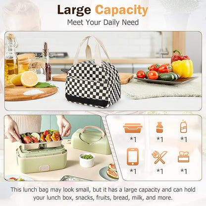 Lunch Box Lunch Bag for Women Men, Leakproof, Insulated Lunch Box Tote with Large Capacity, Lunch Container for Work/Office (Corduroy Black Checkered Pattern)