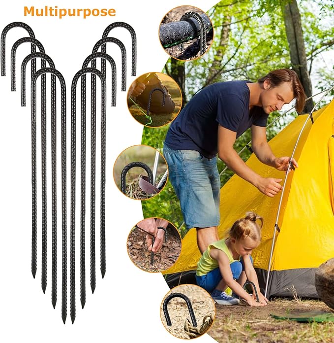 16 Inch Rebar Stakes, 12Pcs Heavy Duty Rebar Stakes J Hook 5/16 Ground Stakes Tent Stakes Rust Proof Coated Ground Anchors with Chisel Point End for Camping Camping Tent