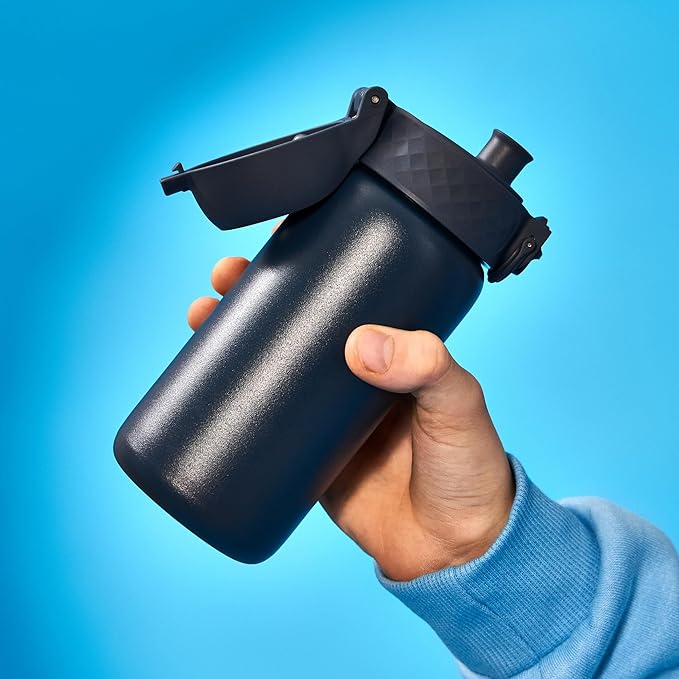ION8 Insulated Steel Water Bottle, 320 ml/11 oz, Leak Proof, Easy to Open, Secure Lock, Dishwasher Safe, Carry Handle, Flip Cover, Scratch Resistant, Durable Stainless Steel, Carbon Neutral, Ash Navy