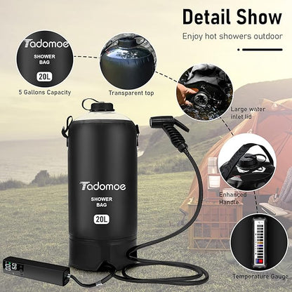 Portable Shower by Tadomoe, 5 Gallons/20L Camping Shower Bag with Portable Shower Pump,Solar Shower with Hot Water,Leak Proof Handy Nozzle Temperature Indicator for Beach Trip, Camping and Hiking