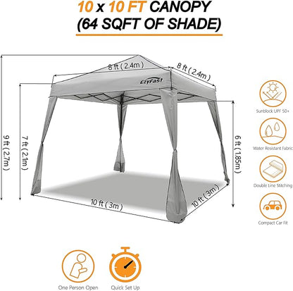 EzyFast Pop Up Canopy Tent, One Person Setup Slant Leg Portable Shelter Gazebo, Patented Design with Built-in Weight Bags, 10' x 10' Base / 8' x 8' Top A Khaki