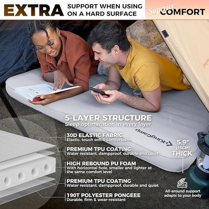 KingCamp Extra 5.9 INCH Thick Double Self Inflating Camping Mattress with 11 R-Value, Sleeping Pad Enlarge Foam Camping Pad, 4 Season Insulated Camping Mat for Tent, Car, Gray