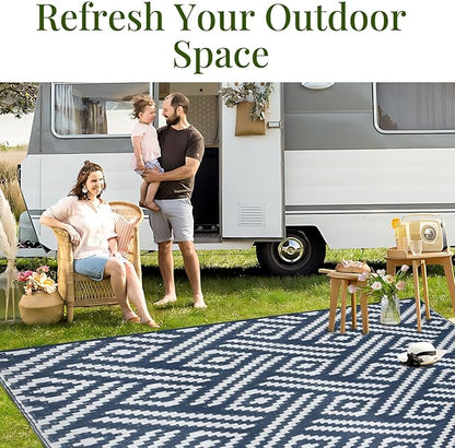 OPPODREAM Outdoor Rug 8x10 Patio Waterproof, Large Outdoor Plastic Straw Rug, Reversible Out Door Carpet for Camping, Deck, Rv, 8 x 10 Area Carpet for Balcony, Porch, Backyard, White and Navy Blue