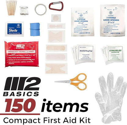 M2 BASICS All-Purpose 150 Piece First Aid Kit | Car, Travel, Home, Hiking, Camping, Survival | Small Emergency Kit, Medical Kit