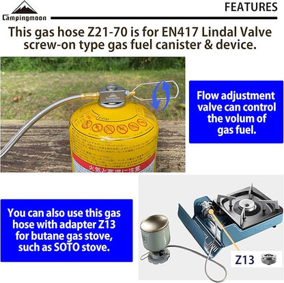 CAMPINGMOON 27.6-inch Multi-Function Gas Hose for EN417 Lindal Valve Screw-on Type Canister and Device Z21-70