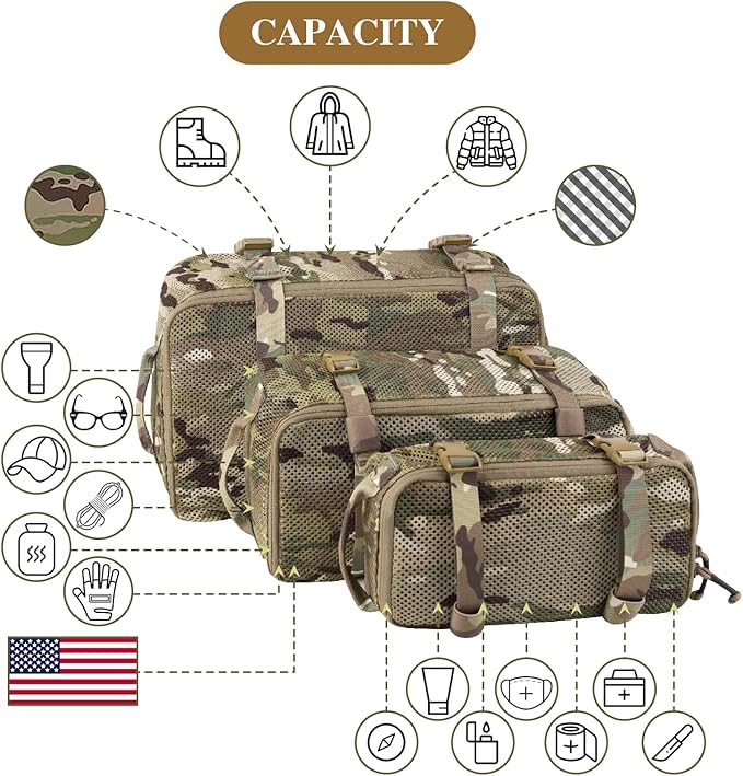 PETAC GEAR 3 PCS Tactical Modular Packing Cubes, Large Capacity Mesh Storage Bag,Outdoor Travel Organize Storage Pouches Bags.