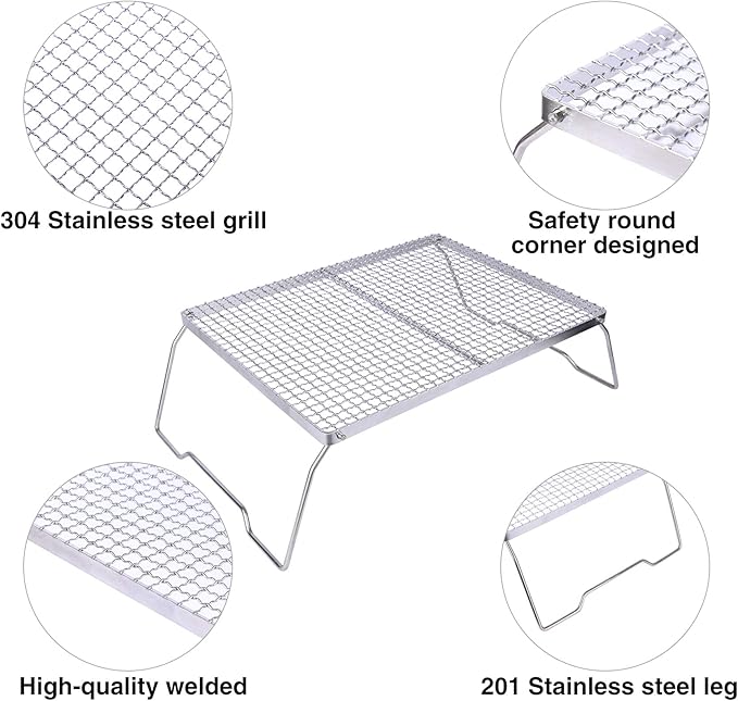 REDCAMP Folding Campfire Grill 304 Stainless Steel Grate, Heavy Duty Portable Camping Grill with Carrying Bag, Silver Large Mesh